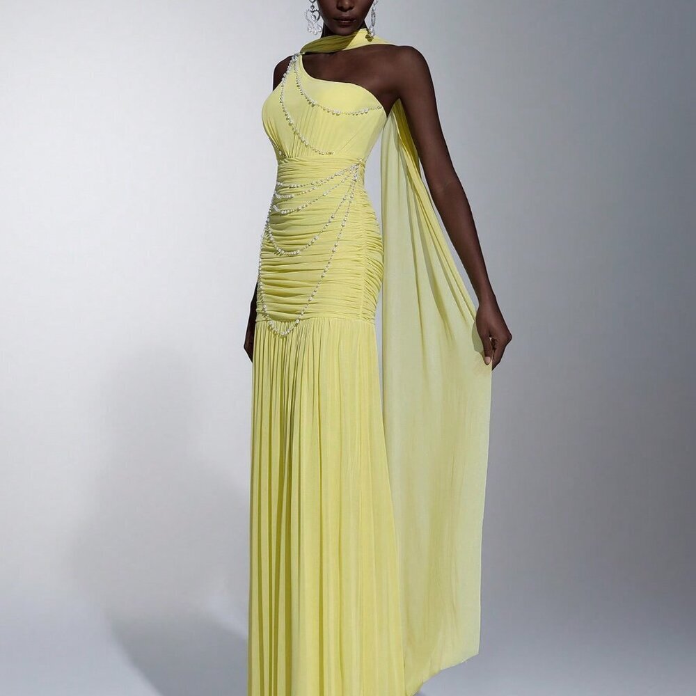 Yellow Elegant Women's One-Shoulder Mermaid Dress Ruched Flounce Sleeves